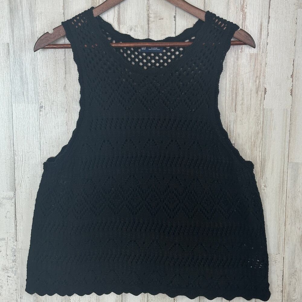 Gap 100 Cotton Crochet Tank Top XL Black Cropped Boho Festival Cottagecore EUC